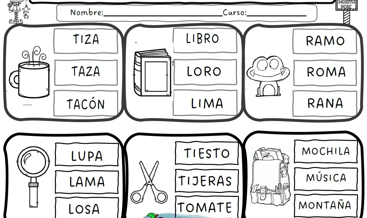 Fichas de lectoescritura para colorear y asociar imágenes con palabras. Incluye tazas, libros, ranas, lupas, tijeras y mochilas.
