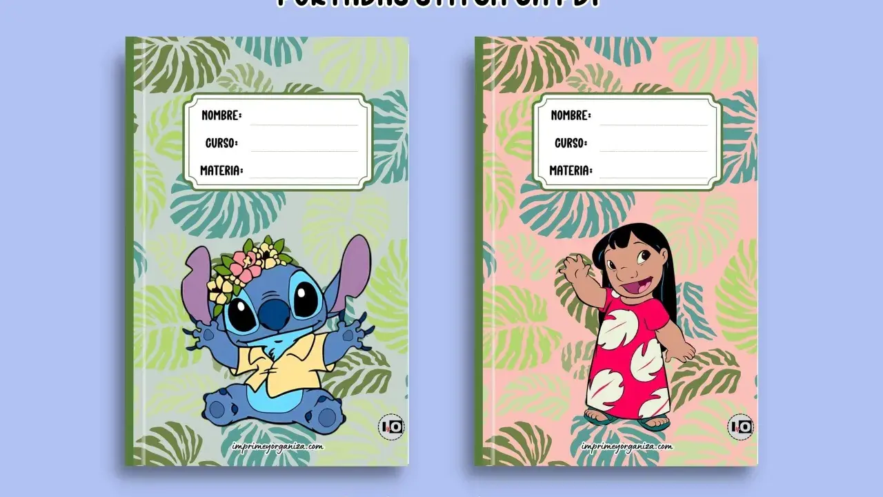 Portadas para trabajos infantiles con Stitch y Lilo. Ideales para organizar las tareas escolares con un toque divertido.