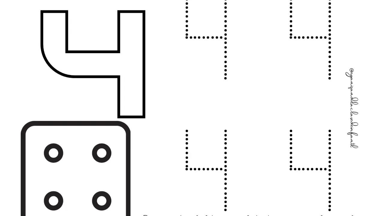 Fichas número 4 infantil: un dado con cuatro puntos y el número 4 para repasar. ¡Aprende el número cuatro!