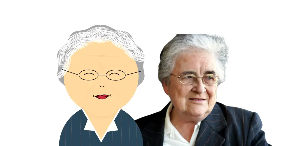 Dos retratos de una mujer mayor con gafas, uno animado y otro real, evocan a pedagogas famosas.