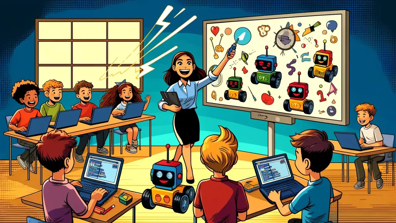 Maestra entusiasta lidera clase de robótica, fomentando la **innovación en el aula** con niños programando laptops y robots coloridos.