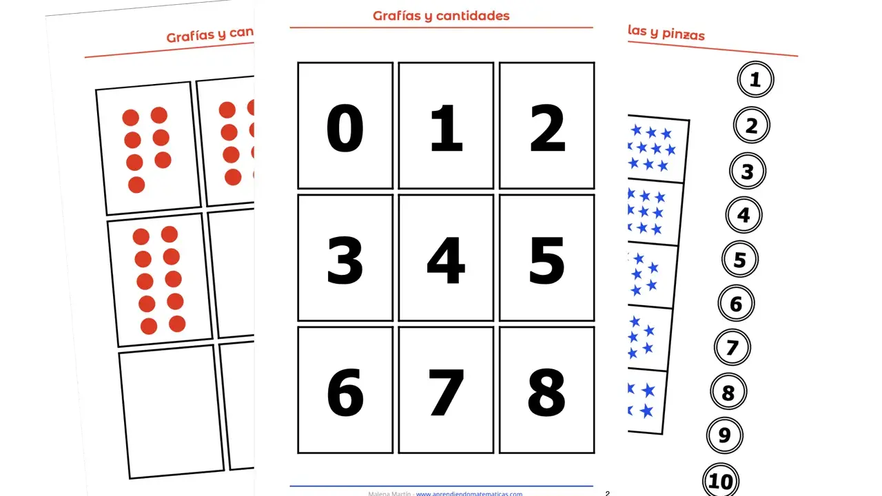 Fichas para asociar número y cantidad: puntos rojos, números del 0 al 8 y estrellas azules. Ideal para aprender a contar.