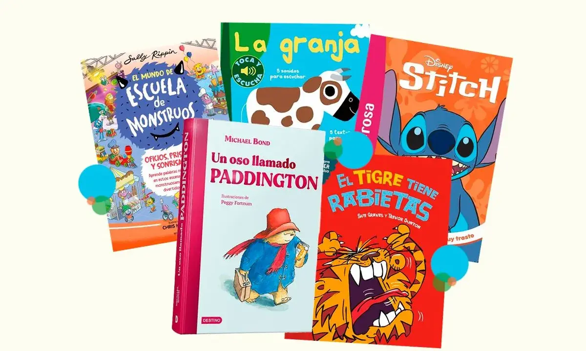 Diversos tipos de libros para niños: "El mundo de la escuela de monstruos", "La granja", "Stitch", "Un oso llamado Paddington" y "El tigre tiene rabietas".
