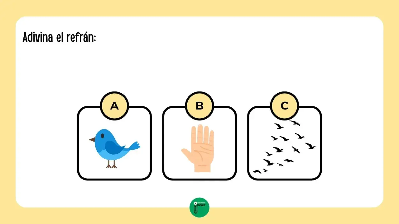 Adivina el refrán: Ejercicios refranes para imprimir. Opción A: pájaro azul. Opción B: mano abierta. Opción C: bandada de pájaros.