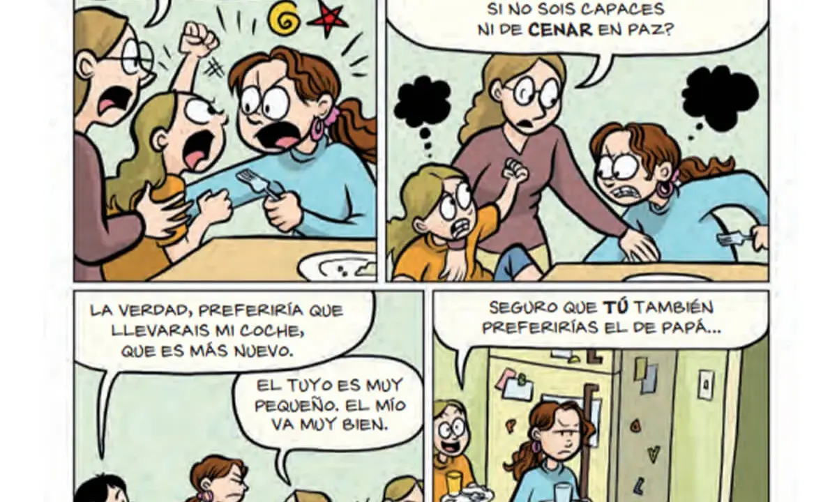 Viñetas de un comic infantil: una madre regaña a sus hijas, que discuten por la cena y los coches.