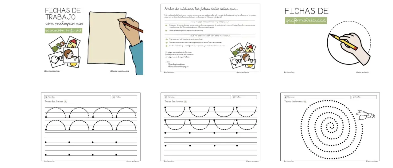 Fichas de otoño infantil 3 años para grafomotricidad. Incluyen trazos de líneas y espirales para practicar.
