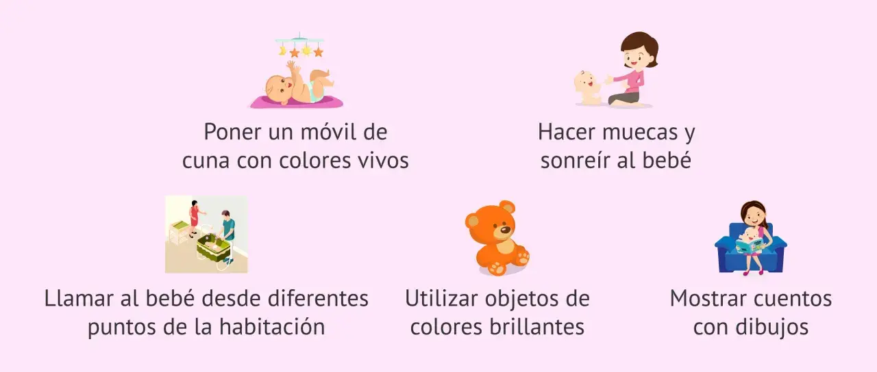 Ilustraciones muestran cómo estimular a los bebés cuando empiezan a ver: móvil, sonrisas, objetos brillantes, cuentos y llamadas.
