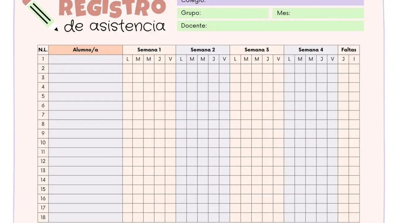 Plantilla para pasar lista infantil, lista de asistencia imprimible para colegios, con casillas para registrar la asistencia semanal de los alumnos.