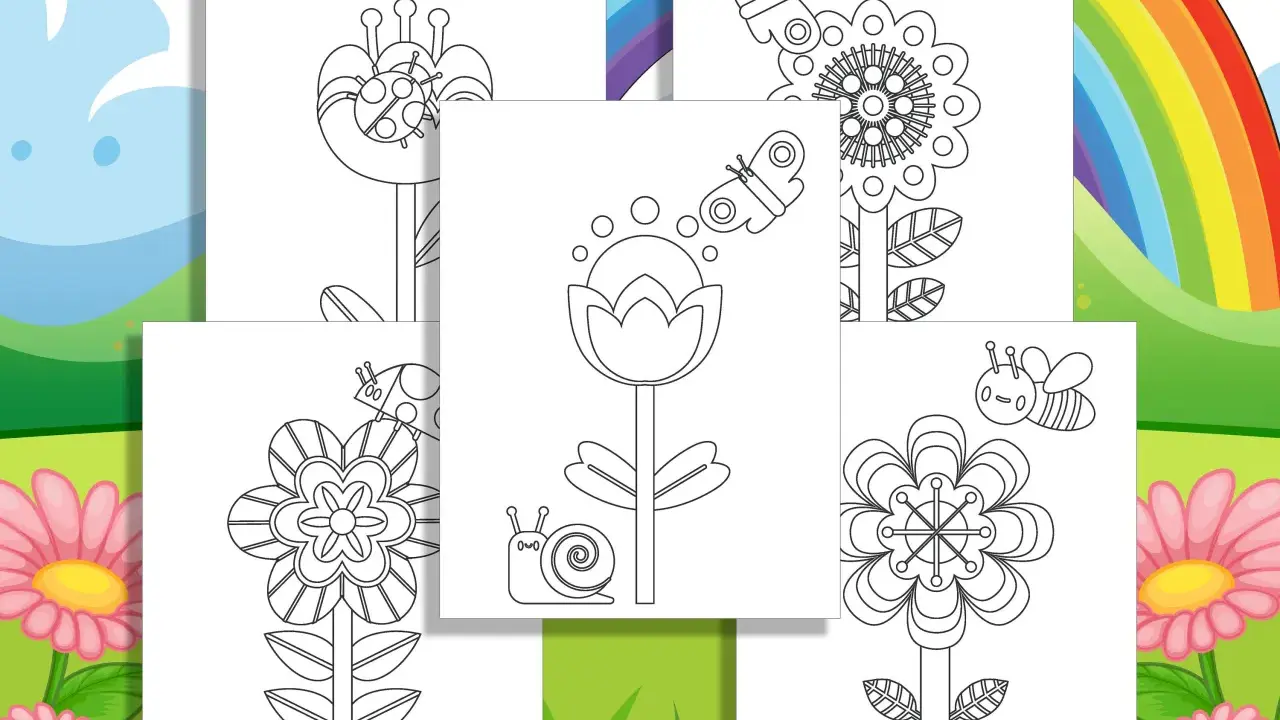 Páginas para colorear de flores de primavera con mariposas, abejas y caracoles.