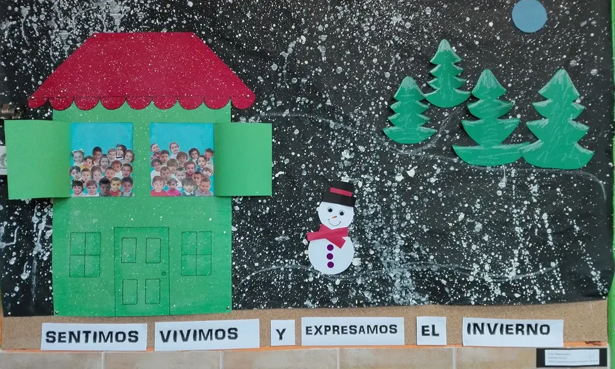 Decoración invierno aula infantil: una casa verde con fotos de niños, árboles, muñeco de nieve y luna sobre fondo negro salpicado.