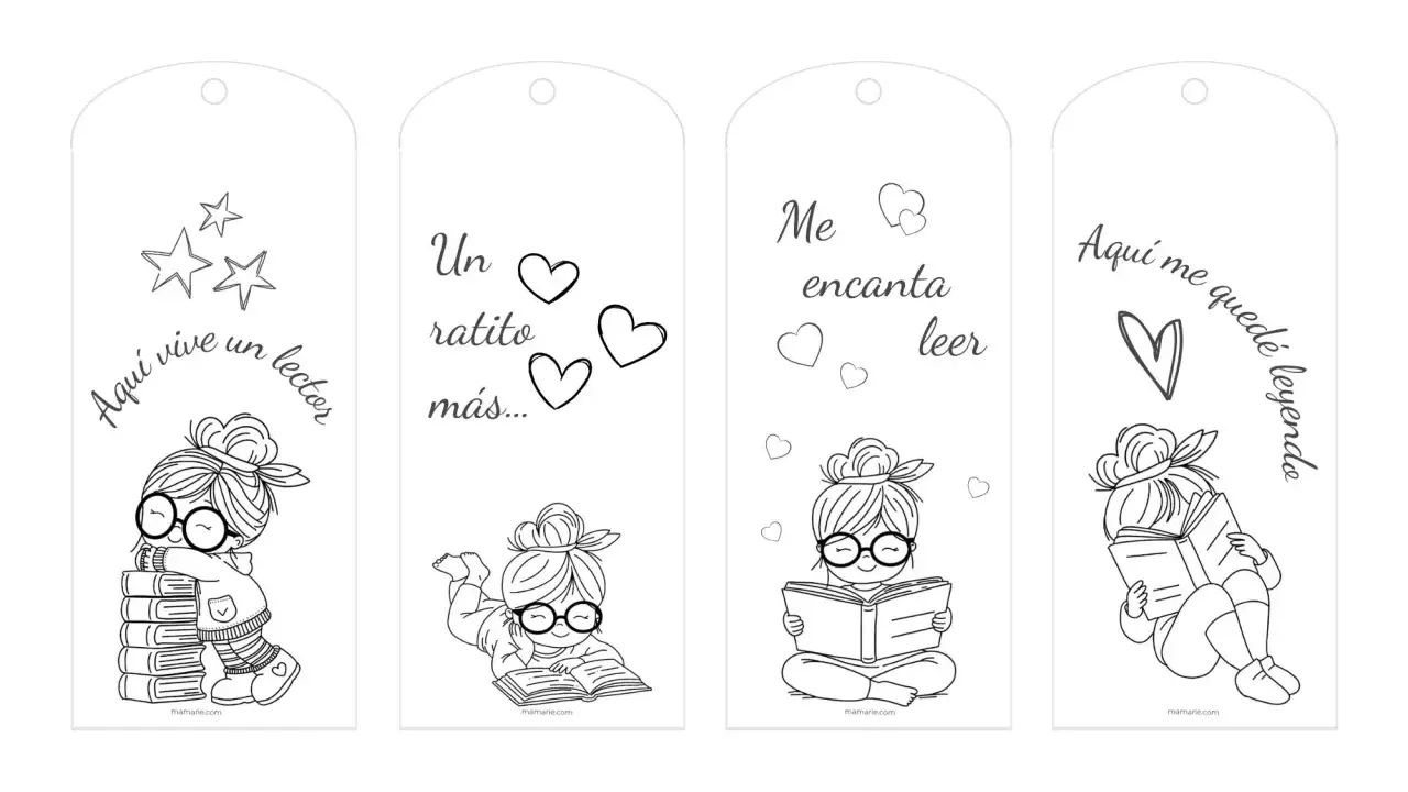 Marcapáginas para colorear con niñas lectoras y frases sobre libros. ¡Perfectos para amantes de la lectura!