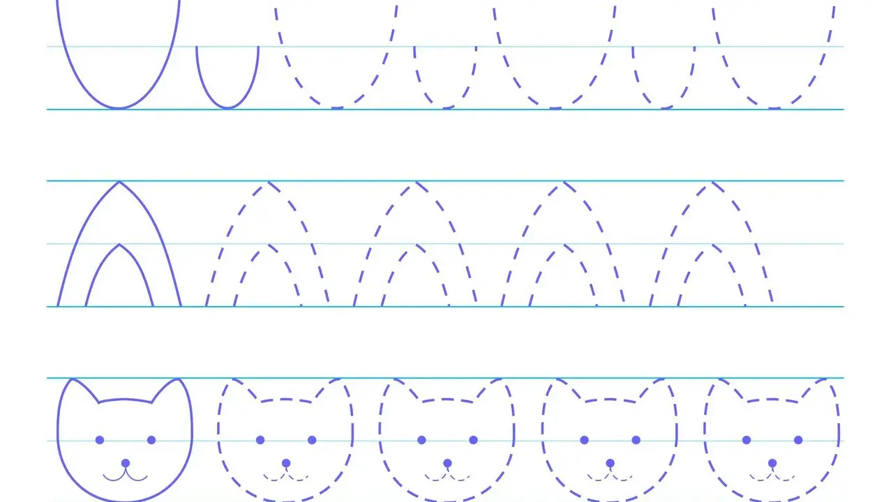 Actividades para imprimir con líneas rectas y curvas: traza arcos y caritas de gato.