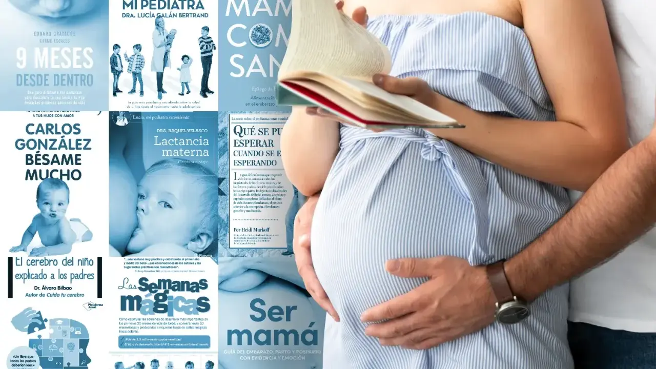 Una mujer embarazada lee un libro, con su pareja abrazándola. Alrededor, portadas de libros sobre embarazo y crianza, incluyendo "Bésame mucho" para un bebé de 1 semana.