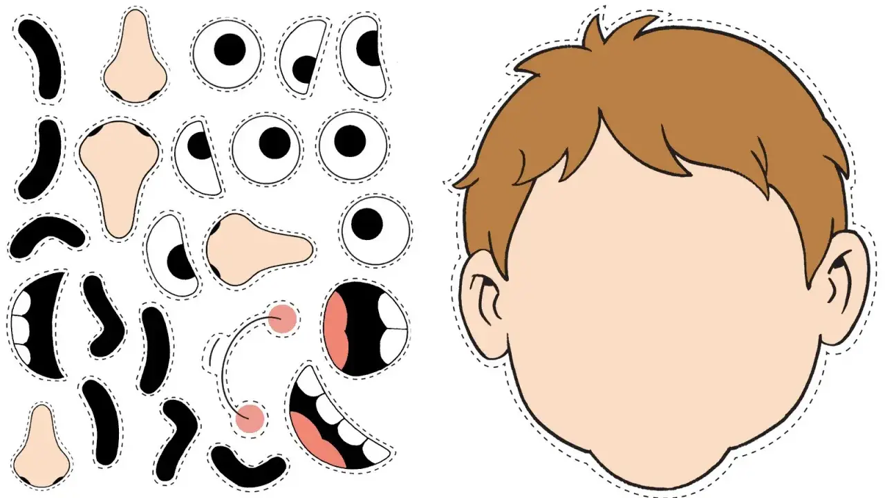 Piezas para imprimir de partes de la cara infantil: ojos, narices, bocas y mejillas para crear personajes.