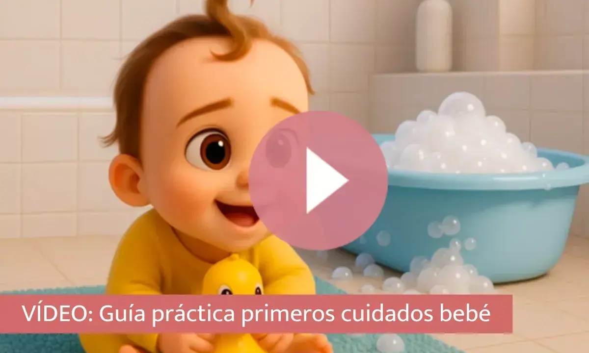Un tierno bebé de 1 mes, con un patito de goma, listo para su baño de burbujas.