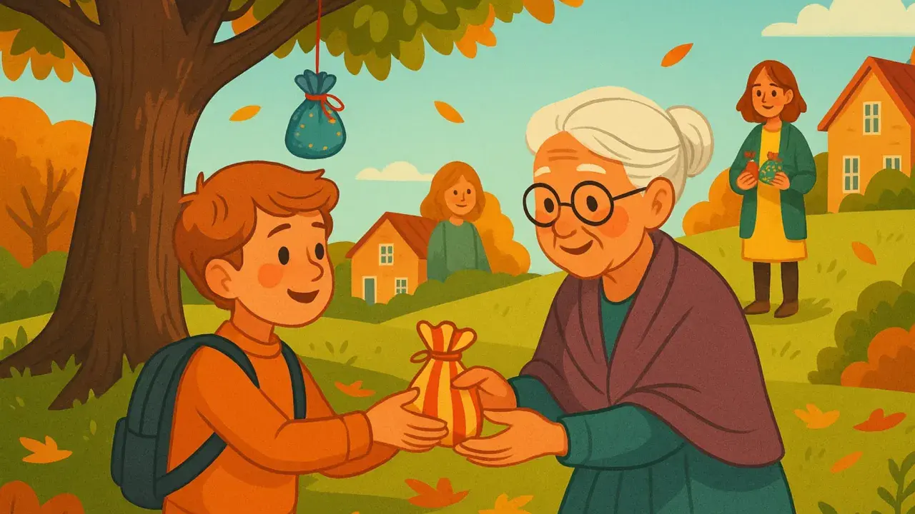 Un niño entrega una bolsa a una anciana, un ejemplo de cuentos sobre compartir. En el fondo, otras personas y casas.