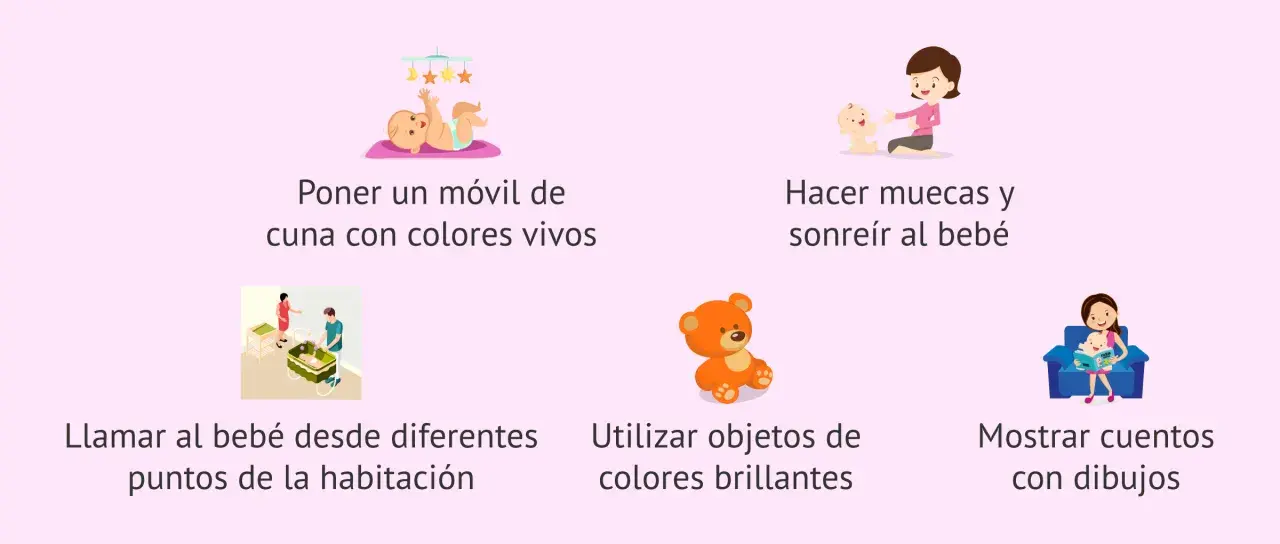 Estimula a un bebé de 4 meses con móviles, sonrisas, objetos brillantes y cuentos.