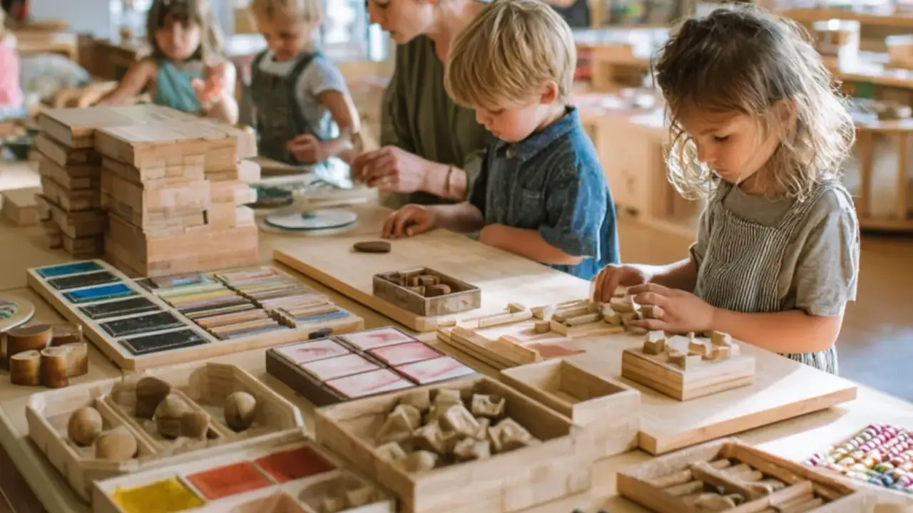 Niños concentrados en actividades de construcción y arte, siguiendo el método Steiner. Materiales didácticos de madera y colores organizados en bandejas.