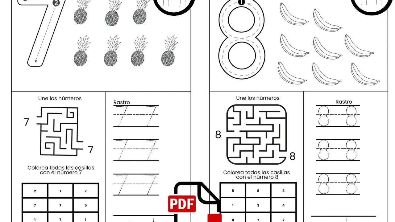Hojas de grafomotricidad de números del 1 al 10 para imprimir, con actividades de trazo, laberintos y colorear.