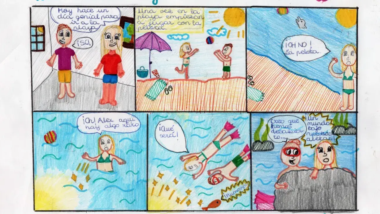 Viñetas de 6 comics fáciles: dos niños van a la playa, pierden la pelota en el mar y descubren un mundo bajo el agua.