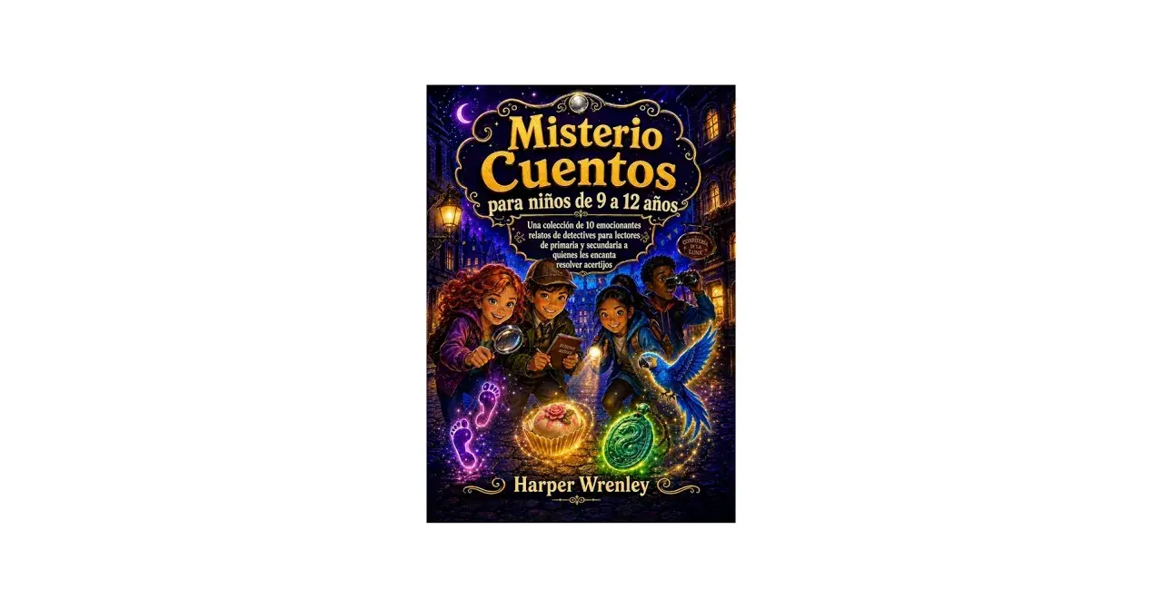 Ilustración de portada de libros de misterio para niños de 10 a 12 años. Cuatro jóvenes detectives investigan pistas brillantes en una calle nocturna.