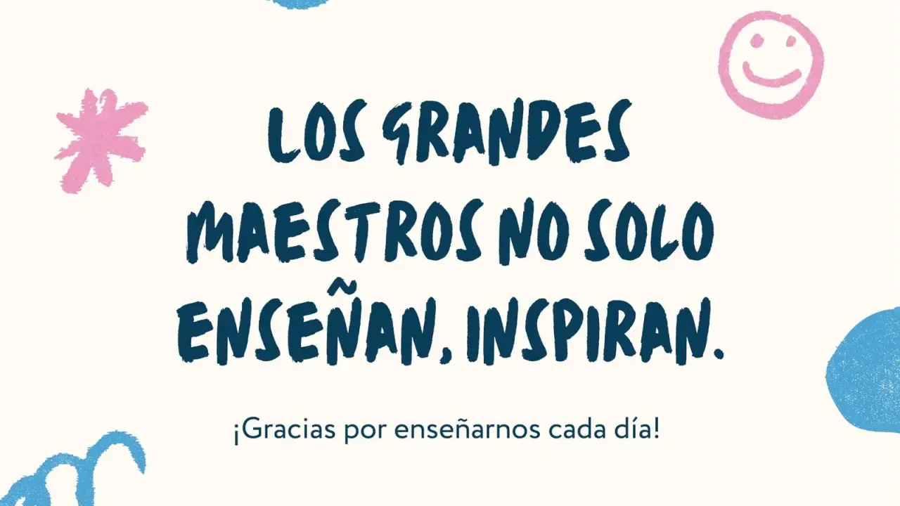 Frases para maestras de primaria: "Los grandes maestros no solo enseñan, inspiran. ¡Gracias por enseñarnos cada día!" con dibujos de estrellas y caritas sonrientes.