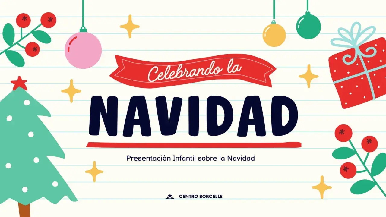 Ilustración festiva con árbol de Navidad, regalos y adornos. Ideas para portadas de Navidad fáciles y divertidas.