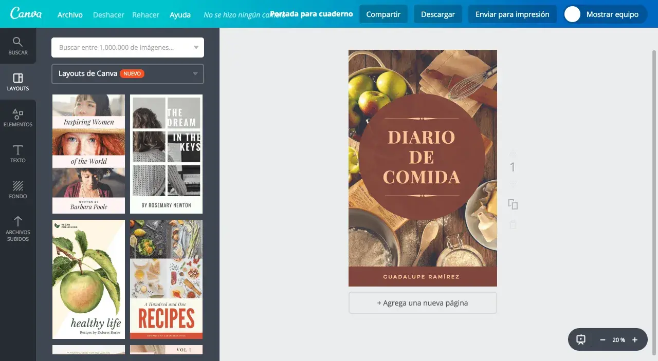 Portada de "Diario de Comida" con manzanas, harina y utensilios de cocina.