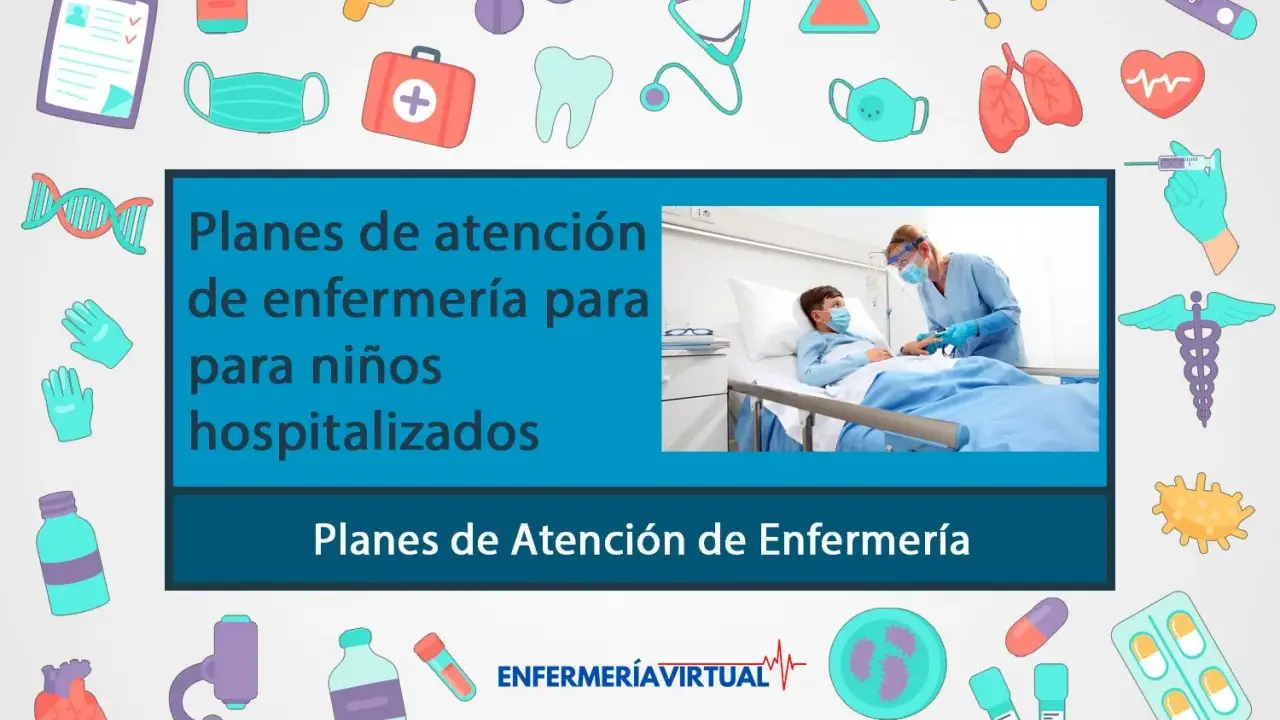 Un niño en cama de hospital recibe atención de una enfermera. El aprendizaje perceptivo de los planes de atención de enfermería para niños hospitalizados se ilustra con iconos médicos.