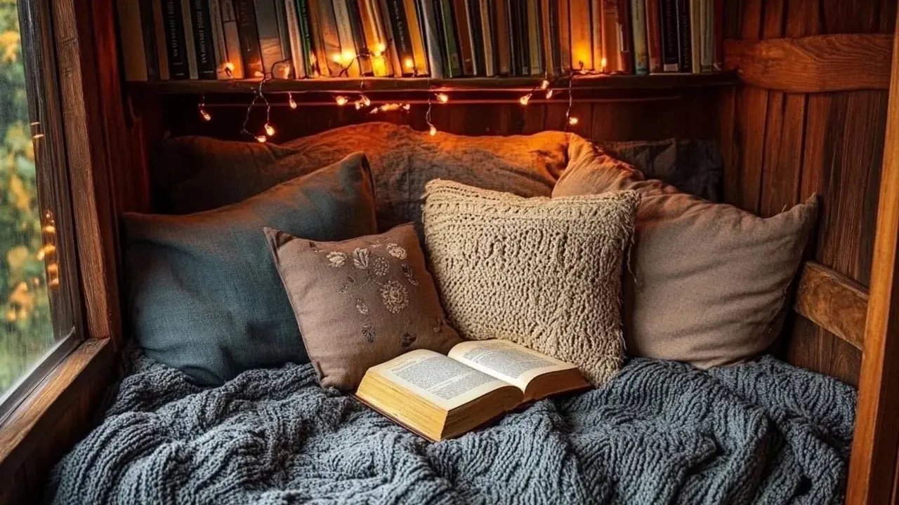 Un acogedor rincón de lectura con cojines mullidos, una manta tejida y un libro abierto. Las luces de hadas añaden un toque mágico.