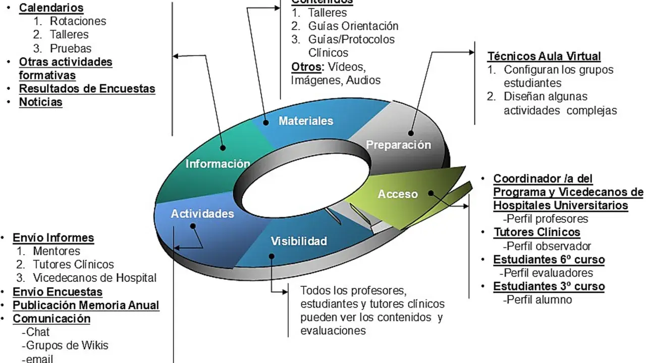 Diagrama circular con secciones: Información, Actividades, Visibilidad, Acceso, Preparación y Materiales. Detalla el **perfil de salida** para estudiantes y tutores.