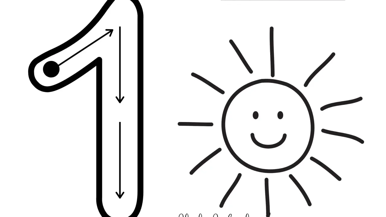 Fichas números infantil: el número 1 con flechas para trazar y un sol sonriente. Ideal para aprender a escribir el uno.