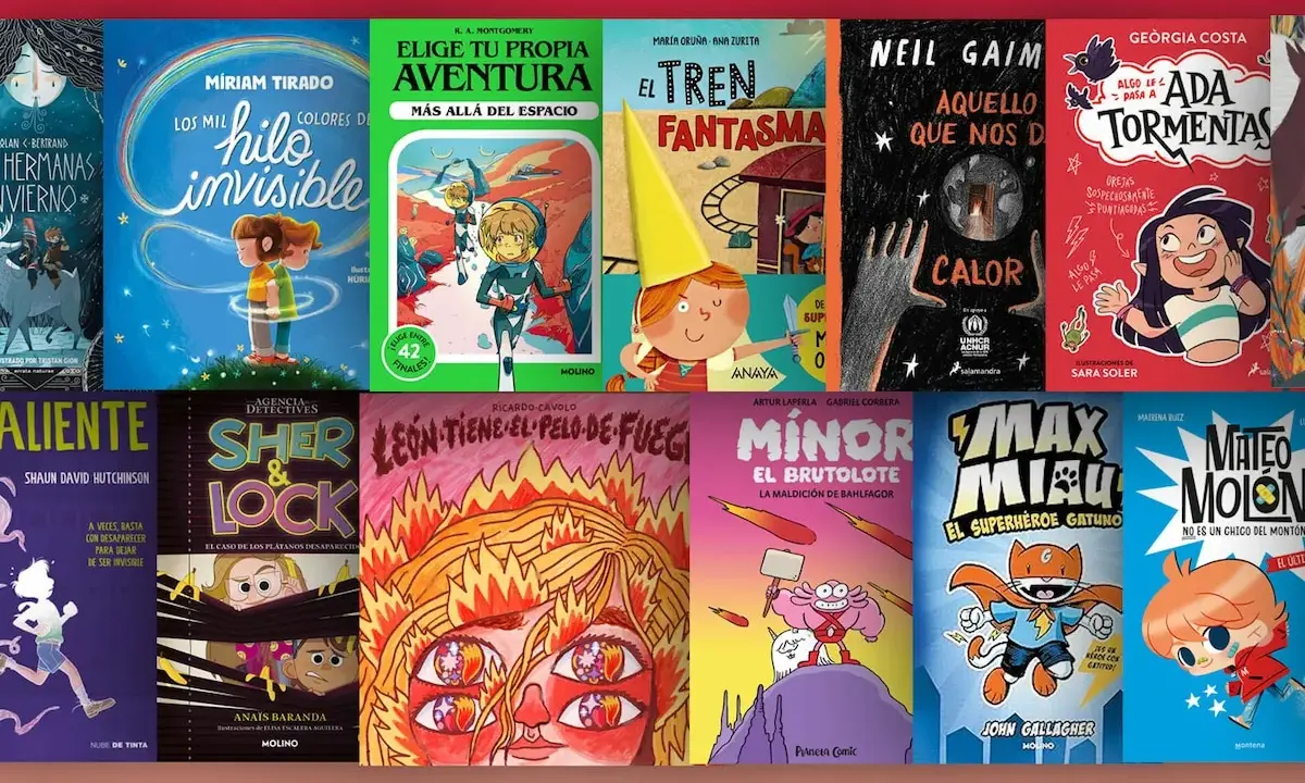 Colección de libros infantiles, ideales para niños de 9 años, con portadas coloridas y aventuras como "El hilo invisible" y "El tren fantasma".