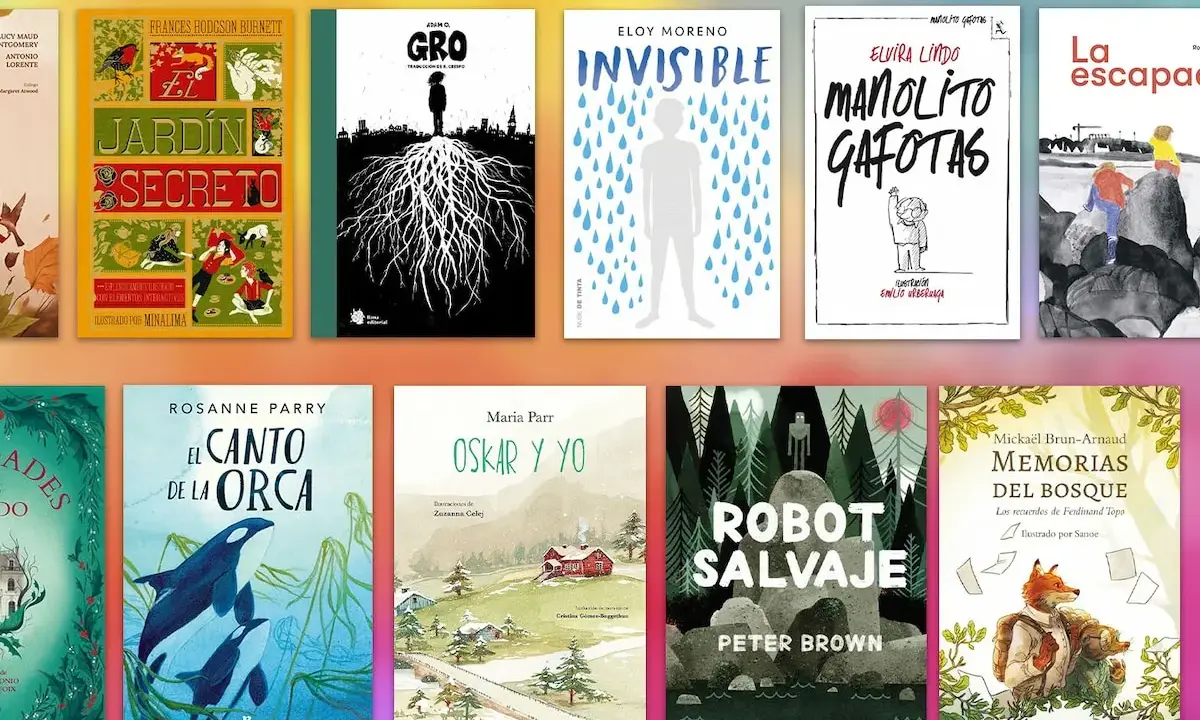 Variedad de libros infantiles y juveniles, incluyendo títulos como "El Jardín Secreto" y "Robot Salvaje", ideales como libros para niños de 10 a 12 años.