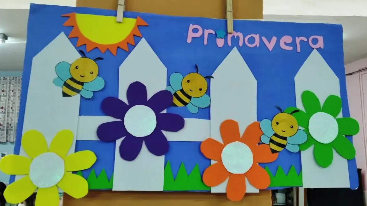 Portada primavera infantil con abejas, flores y sol. ¡La primavera ha llegado!