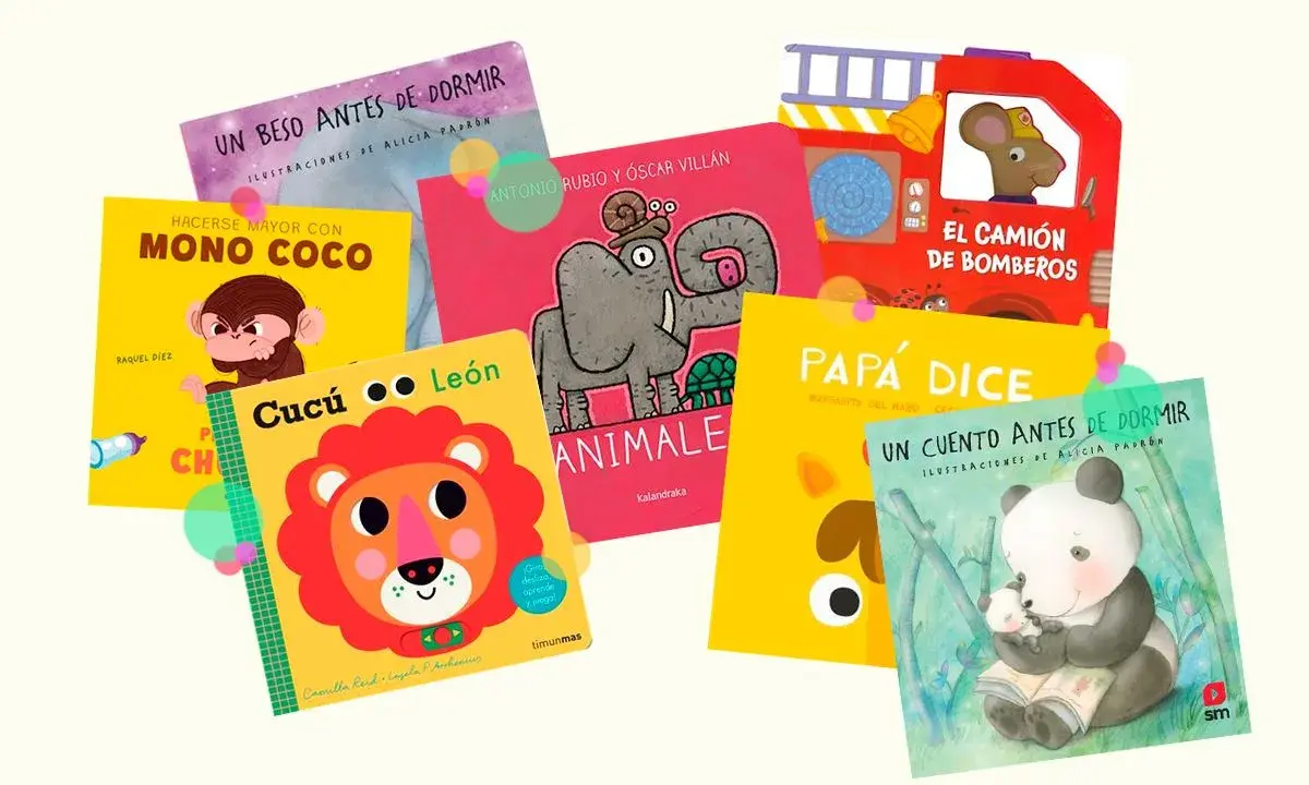 Colección de cuentos para bebés de 3 meses: "Mono Coco", "Cucú León", "El Camión de Bomberos" y más, con ilustraciones coloridas.