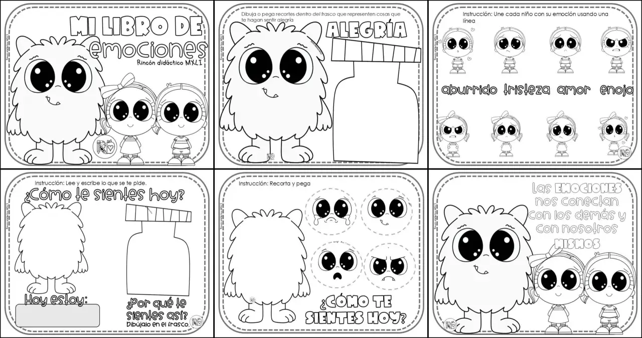Páginas para colorear de "Mi libro de emociones" con monstruos y niños, ideales para aprender sobre caras y emociones para imprimir.