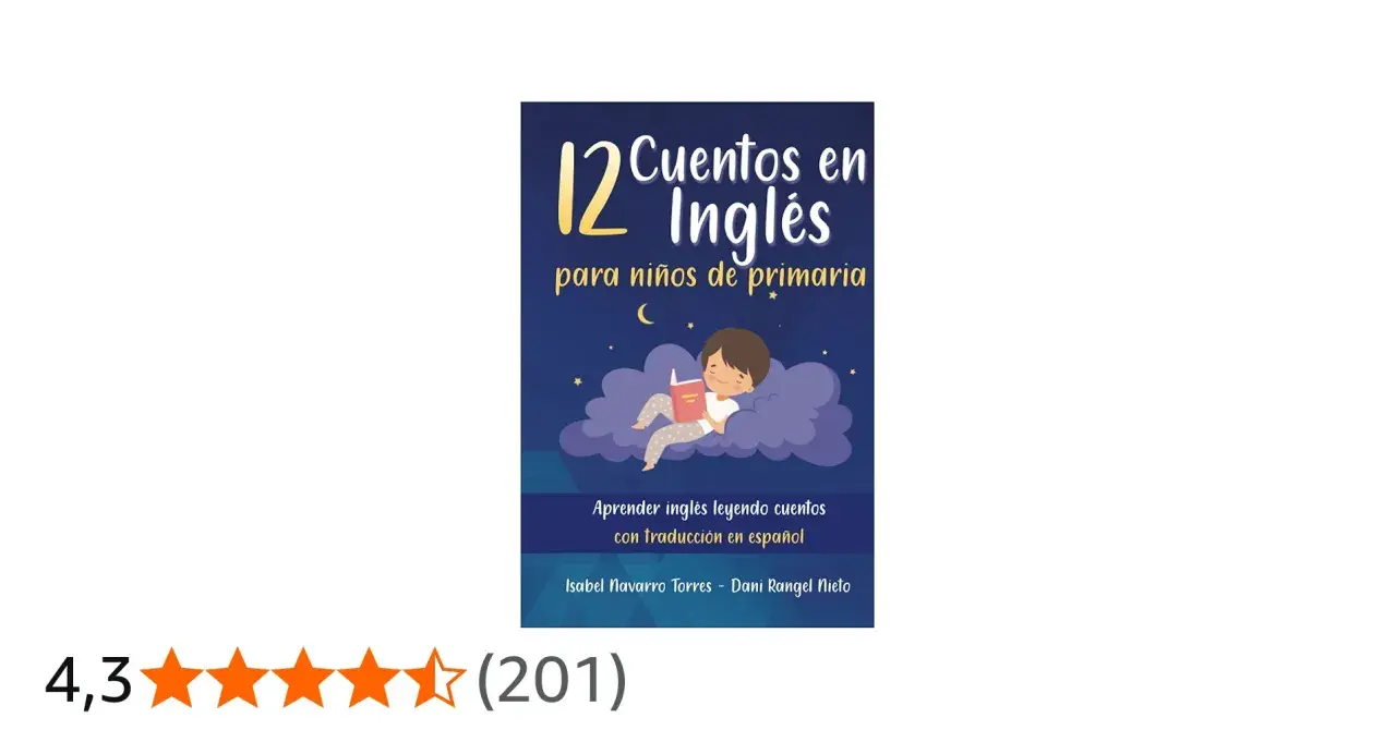 Libro "12 Cuentos en Inglés para niños de primaria", con un niño leyendo en una nube. Ideal para aprender inglés con traducción.