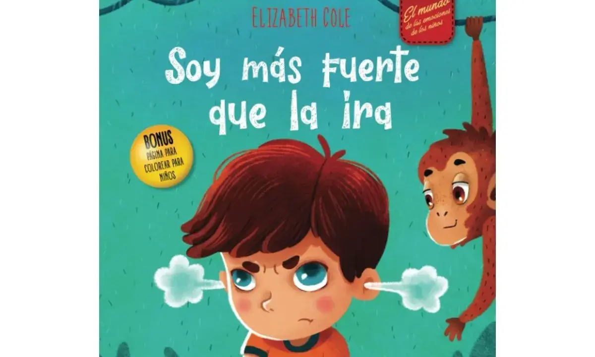 Un niño enfadado con vapor saliendo de sus orejas, junto a un mono colgando. Un libro de cuentos chulos para niños sobre la ira.