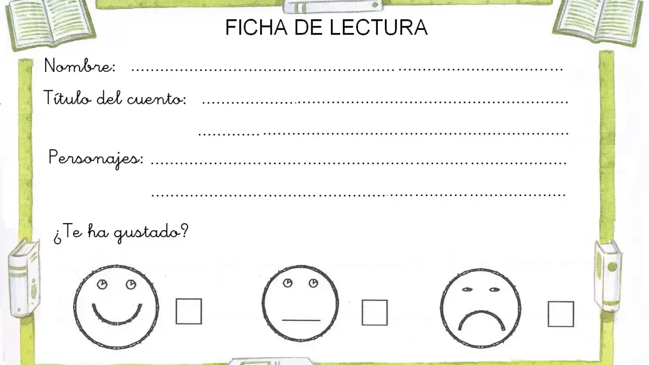 Ficha de lectura infantil para escribir nombre, título, personajes y calificar el cuento con caritas sonrientes, neutras o tristes.