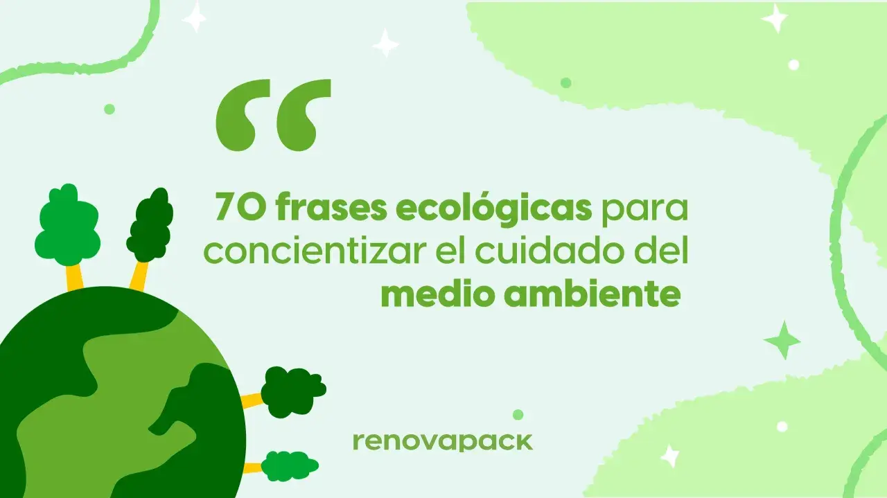 Planeta verde con árboles y el eslogan del medio ambiente para niños: "70 frases ecológicas para concientizar el cuidado del medio ambiente".