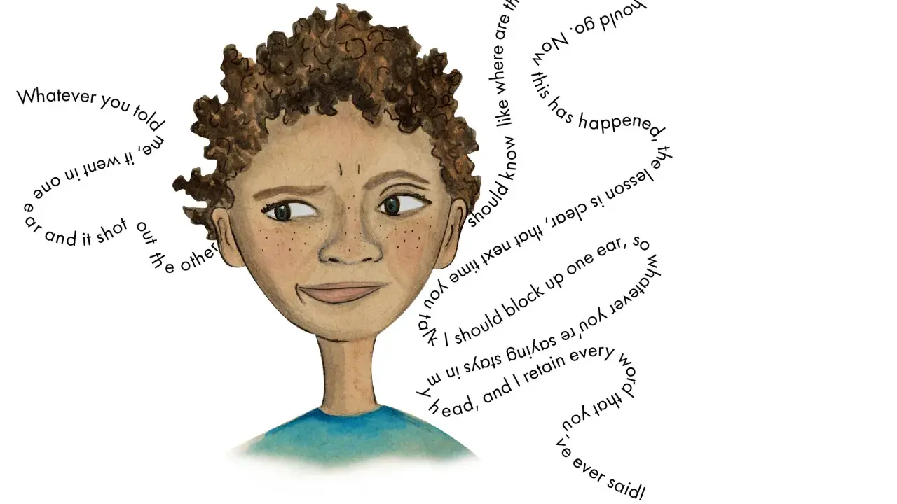 Ilustración de un niño con palabras formando un rizo alrededor de su cabeza, ideal para poemas para niños de 7 a 8 años.