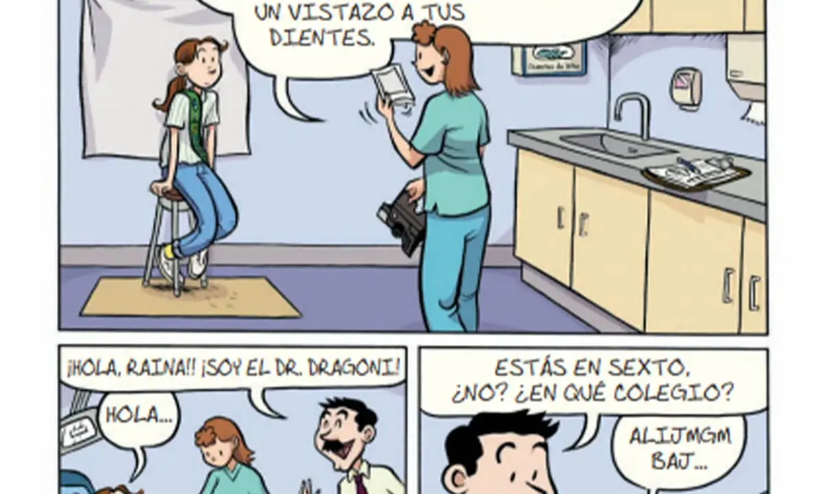 Viñetas de comics pequeños: una chica sentada en una silla, una doctora y un dentista.