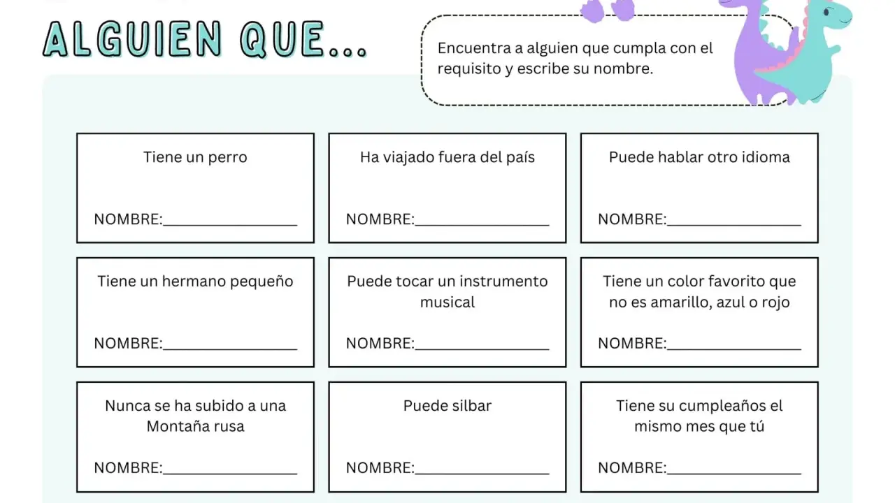 Fichas de animales para imprimir: juego "Encuentra a alguien que..." con casillas para escribir nombres según diferentes requisitos.