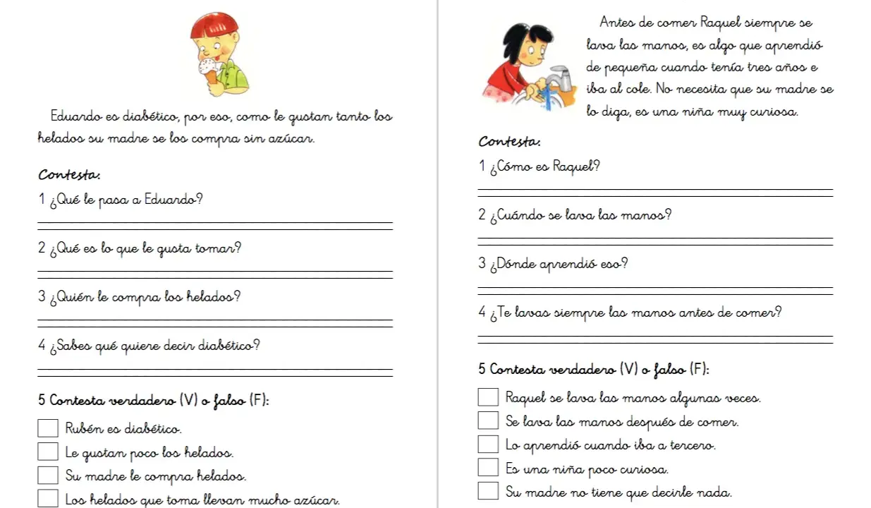 Ficha lectura 5 años: Eduardo es diabético y Raquel es muy curiosa. Ejercicios de comprensión lectora.