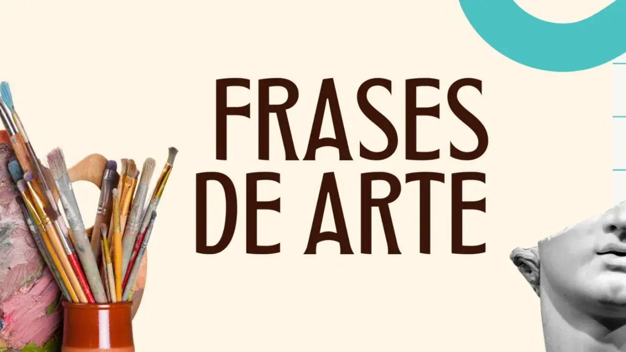 Pinceles y paleta de artista junto a un busto clásico, con el texto "Frases de Arte para niños".
