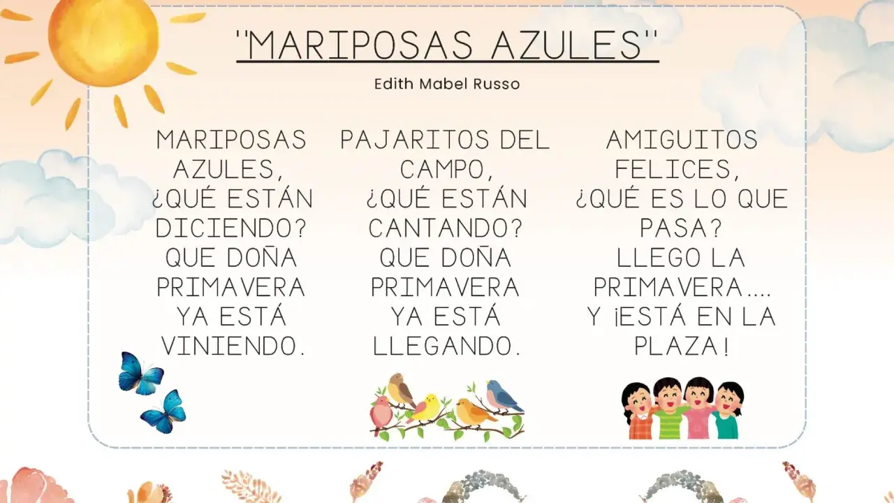 Fichas primavera infantil 5 años: mariposas, pájaros y niños celebran la llegada de la primavera.