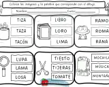 Fichas de lectoescritura para colorear y asociar imágenes con palabras. Incluye tazas, libros, ranas, lupas, tijeras y mochilas.