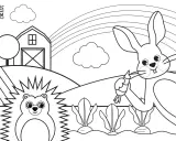 Un conejo y un erizo disfrutan de la primavera en la granja, con zanahorias y un arcoíris. ¡Perfecto para colorear animales de primavera!