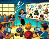 Maestra entusiasta lidera clase de robótica, fomentando la **innovación en el aula** con niños programando laptops y robots coloridos.